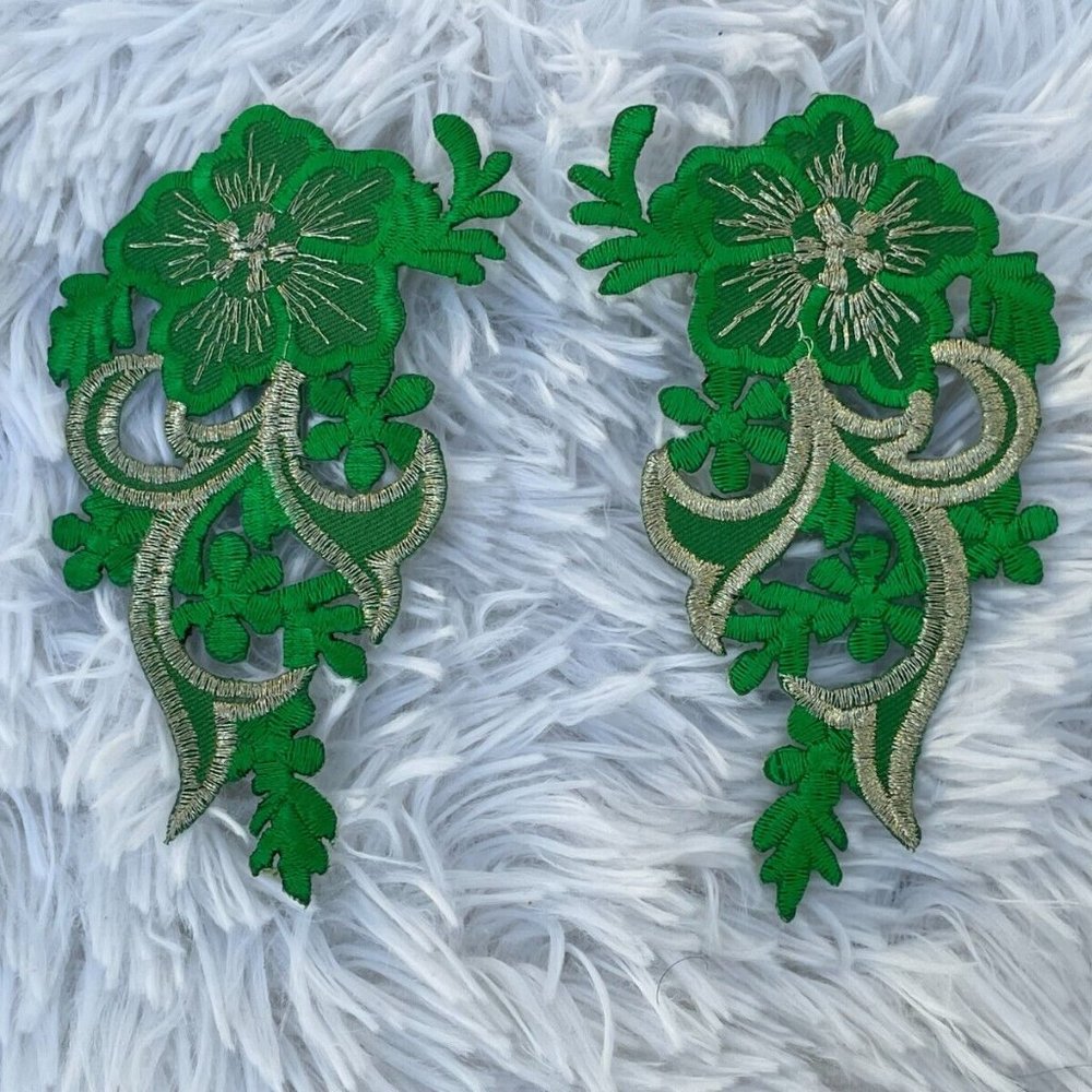 Green Embroidery Patches Iron On Patch Cratf Clothes Accessory Flower Set of 2